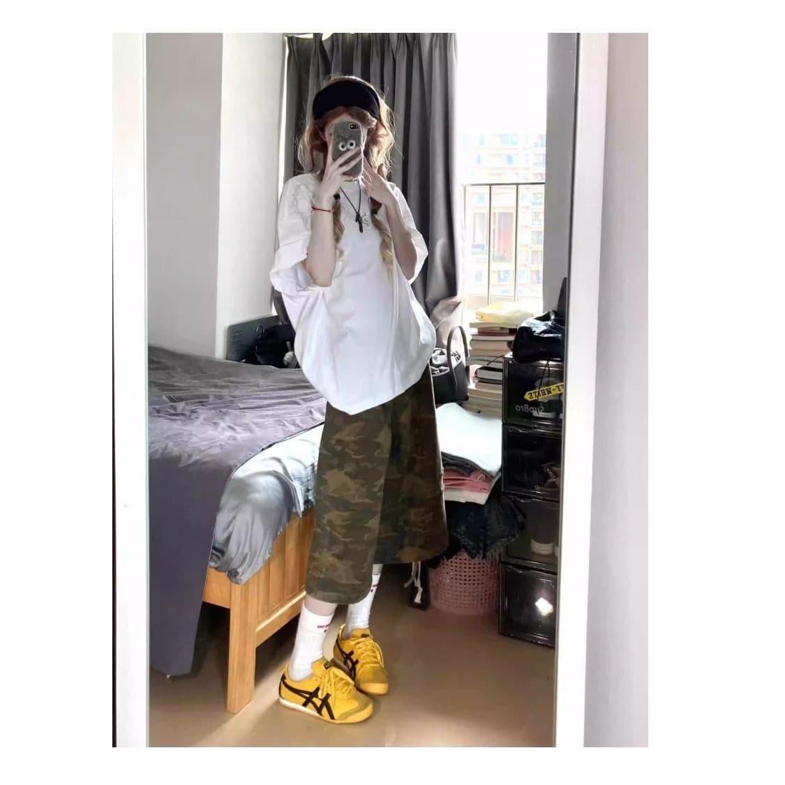 플랫 허리 하프 밴딩 일본식 품격 카모플라주 7부 바지 문예 미니멀리즘 트렌드 느긋한 새로운 패션 하라주쿠 이미지 2