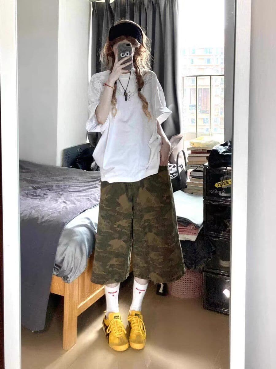 플랫 허리 하프 밴딩 일본식 품격 카모플라주 7부 바지 문예 미니멀리즘 트렌드 느긋한 새로운 패션 하라주쿠 상세 이미지 7