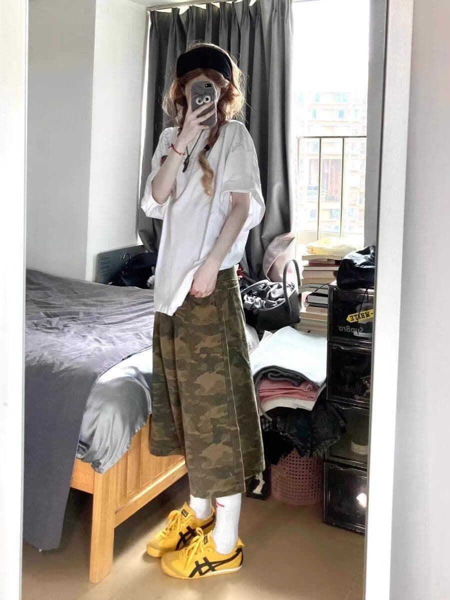플랫 허리 하프 밴딩 일본식 품격 카모플라주 7부 바지 문예 미니멀리즘 트렌드 느긋한 새로운 패션 하라주쿠 상세 이미지 9