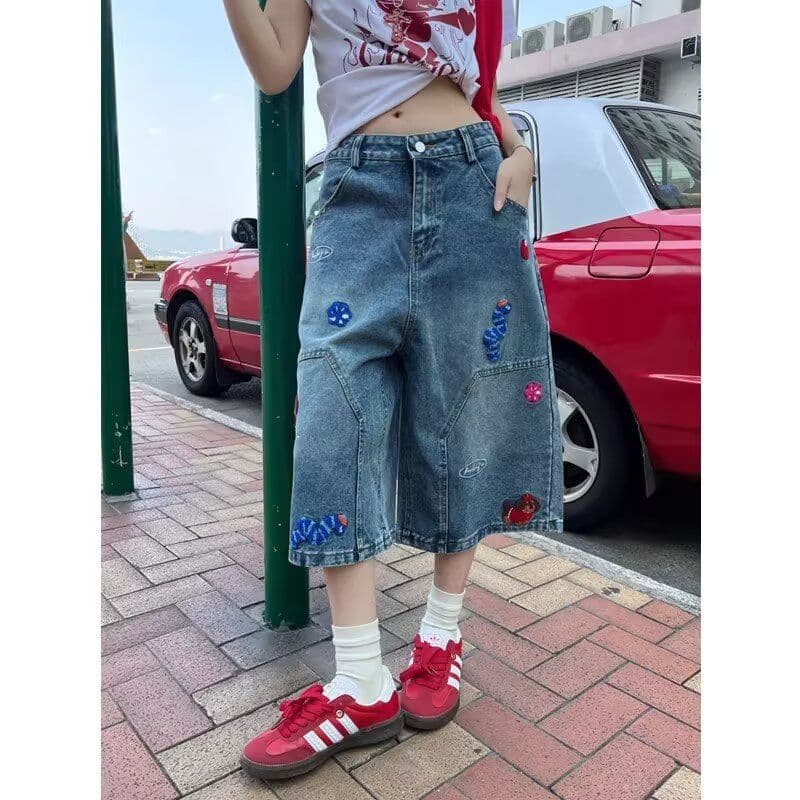 아메리칸 레트로 파란색 자수 패치 데님 7부 바지 여성 여름 새로운 캐주얼 루즈핏 스트레이트 반바지 이미지 2