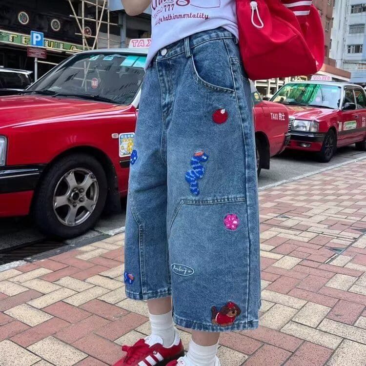 아메리칸 레트로 파란색 자수 패치 데님 7부 바지 여성 여름 새로운 캐주얼 루즈핏 스트레이트 반바지