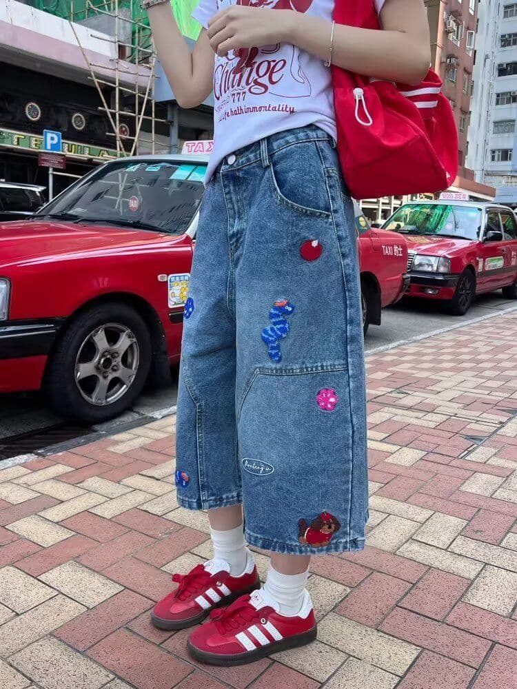 아메리칸 레트로 파란색 자수 패치 데님 7부 바지 여성 여름 새로운 캐주얼 루즈핏 스트레이트 반바지 상세 이미지 2