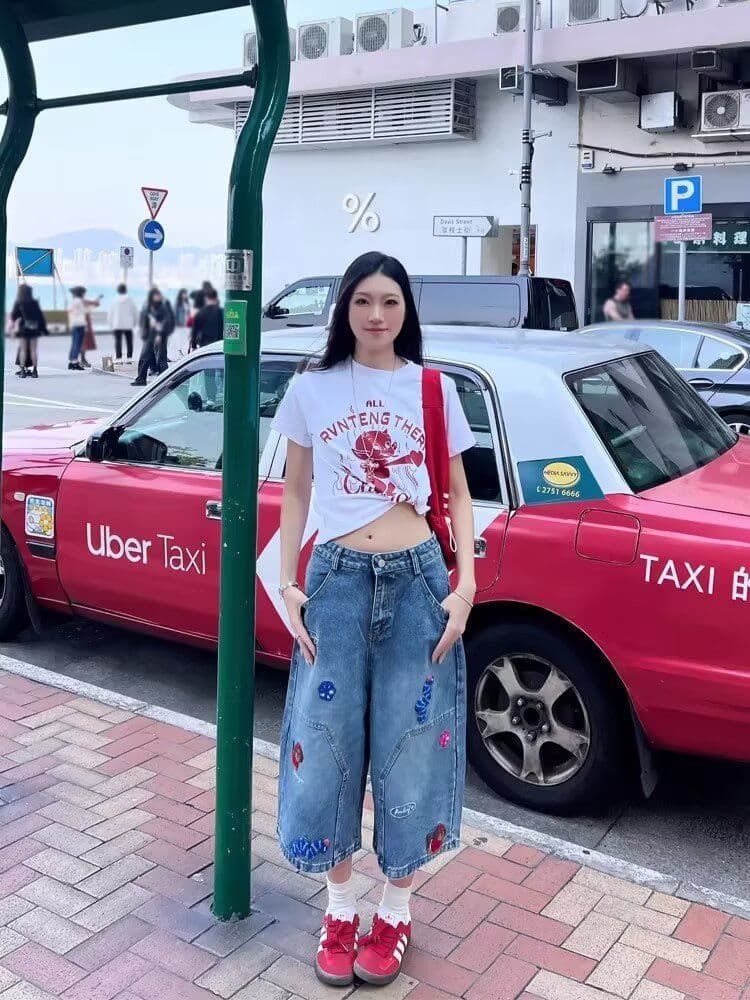 아메리칸 레트로 파란색 자수 패치 데님 7부 바지 여성 여름 새로운 캐주얼 루즈핏 스트레이트 반바지 상세 이미지 8