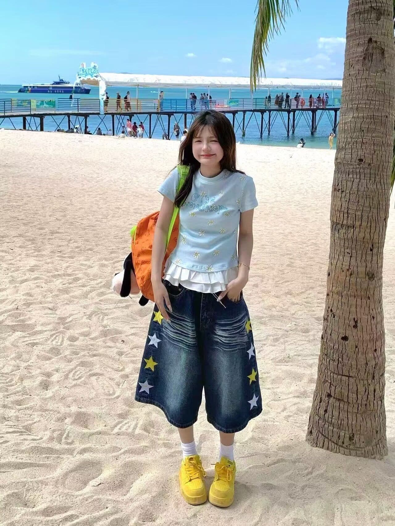 아메리칸 레트로 워싱 마 오래된 청바지 남녀 여름 새로운 루즈핏 스트레이트 와이드 레그 팬츠 캐주얼 7부 바지 트렌디 상세 이미지 8