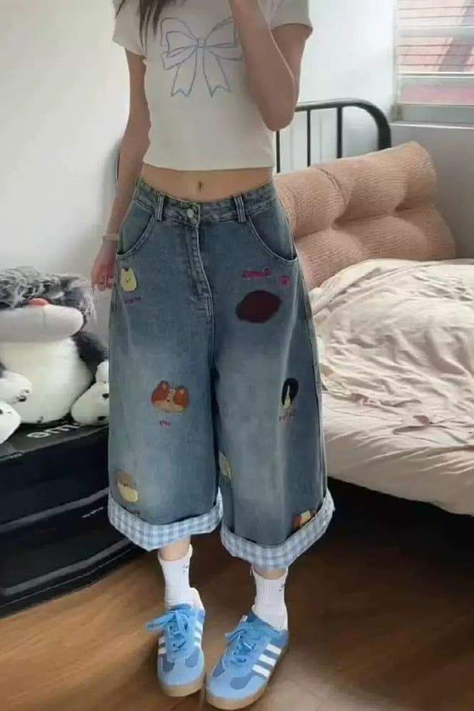 아메리칸 레트로 자수 데님 7부 바지 여성 여름 체크무늬 패치워크 디자인 루즈핏 슬림해 보이는 넓은 다리 바지 이미지 6