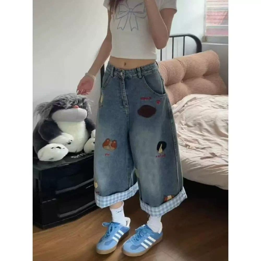 아메리칸 레트로 자수 데님 7부 바지 여성 여름 체크무늬 패치워크 디자인 루즈핏 슬림해 보이는 넓은 다리 바지 상세 이미지 3