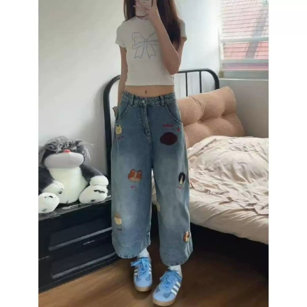 아메리칸 레트로 자수 데님 7부 바지 여성 여름 체크무늬 패치워크 디자인 루즈핏 슬림해 보이는 넓은 다리 바지 상세 이미지 6