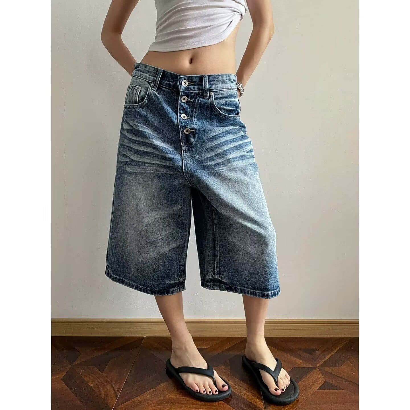 아메리칸 레트로 워싱 고양이 반드시 곡물 데님 7부 바지 한국 스타일 남녀 여름 기타 단추 루즈핏 넓은 다리 바지 트렌디