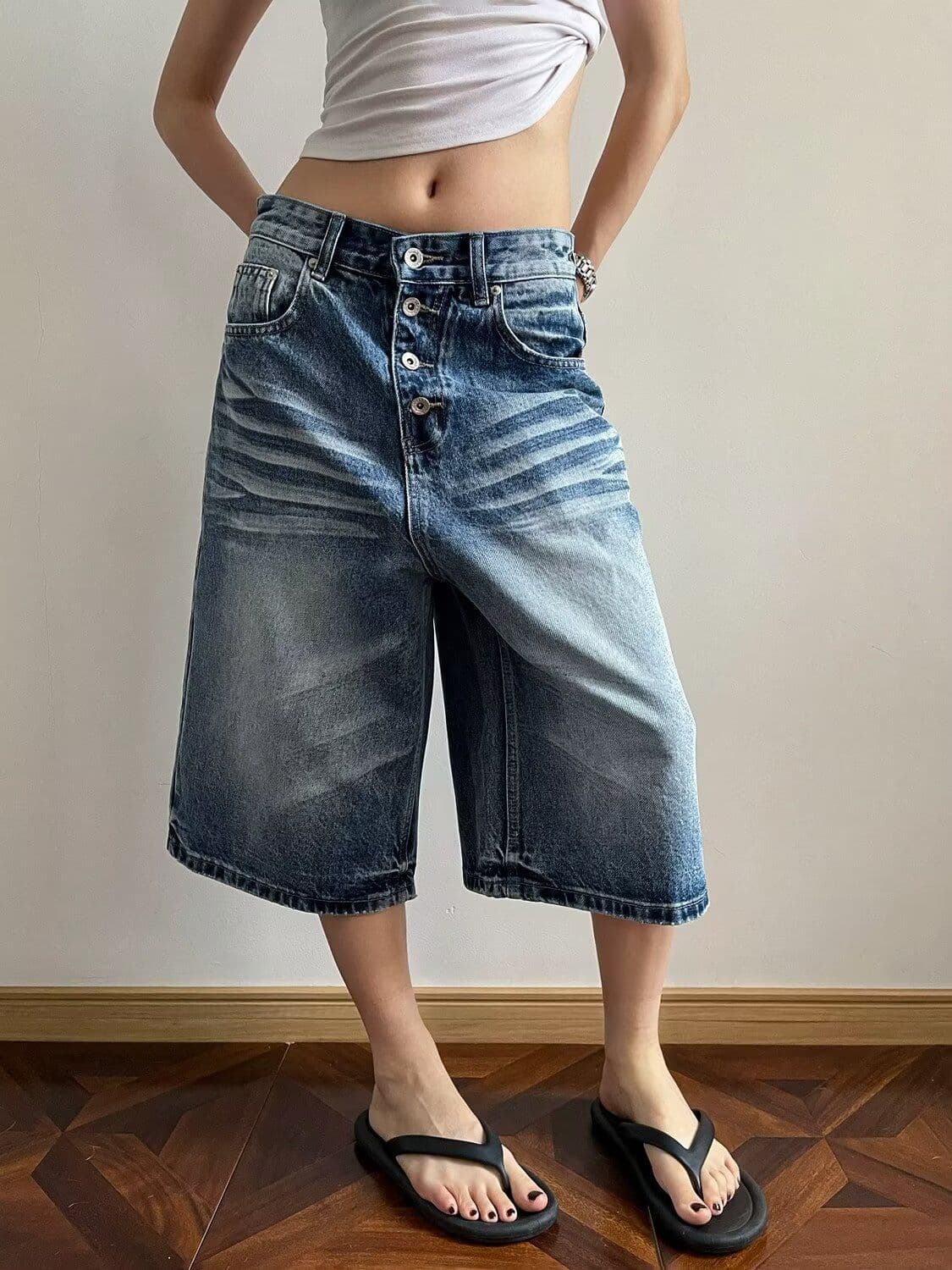 아메리칸 레트로 워싱 고양이 반드시 곡물 데님 7부 바지 한국 스타일 남녀 여름 기타 단추 루즈핏 넓은 다리 바지 트렌디 상세 이미지 8