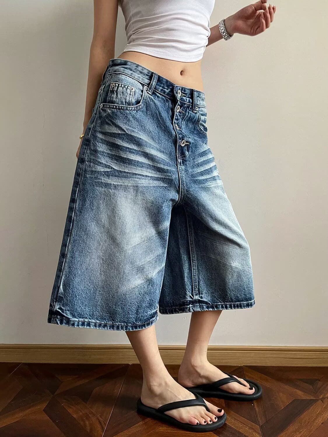 아메리칸 레트로 워싱 고양이 반드시 곡물 데님 7부 바지 한국 스타일 남녀 여름 기타 단추 루즈핏 넓은 다리 바지 트렌디 상세 이미지 10