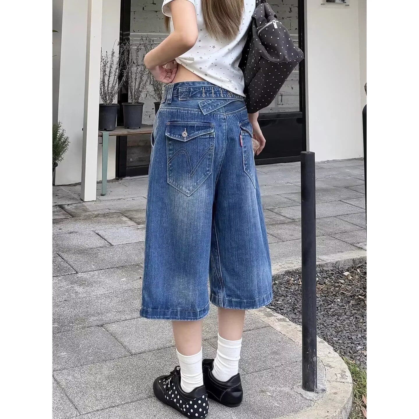 대나무 마디 곡물 데님 바지 아메리칸 레트로 넓은 다리 일상 캐주얼 7부 바지 남녀 여름 루즈핏 와이드 레그 팬츠 이미지 5