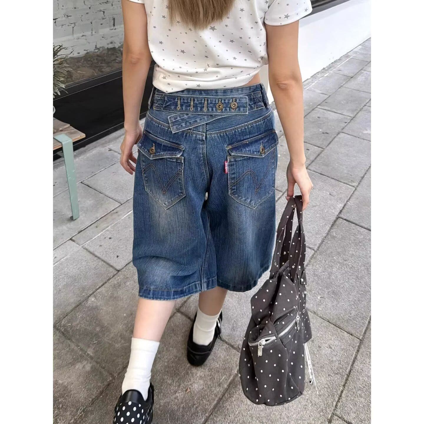 대나무 마디 곡물 데님 바지 아메리칸 레트로 넓은 다리 일상 캐주얼 7부 바지 남녀 여름 루즈핏 와이드 레그 팬츠