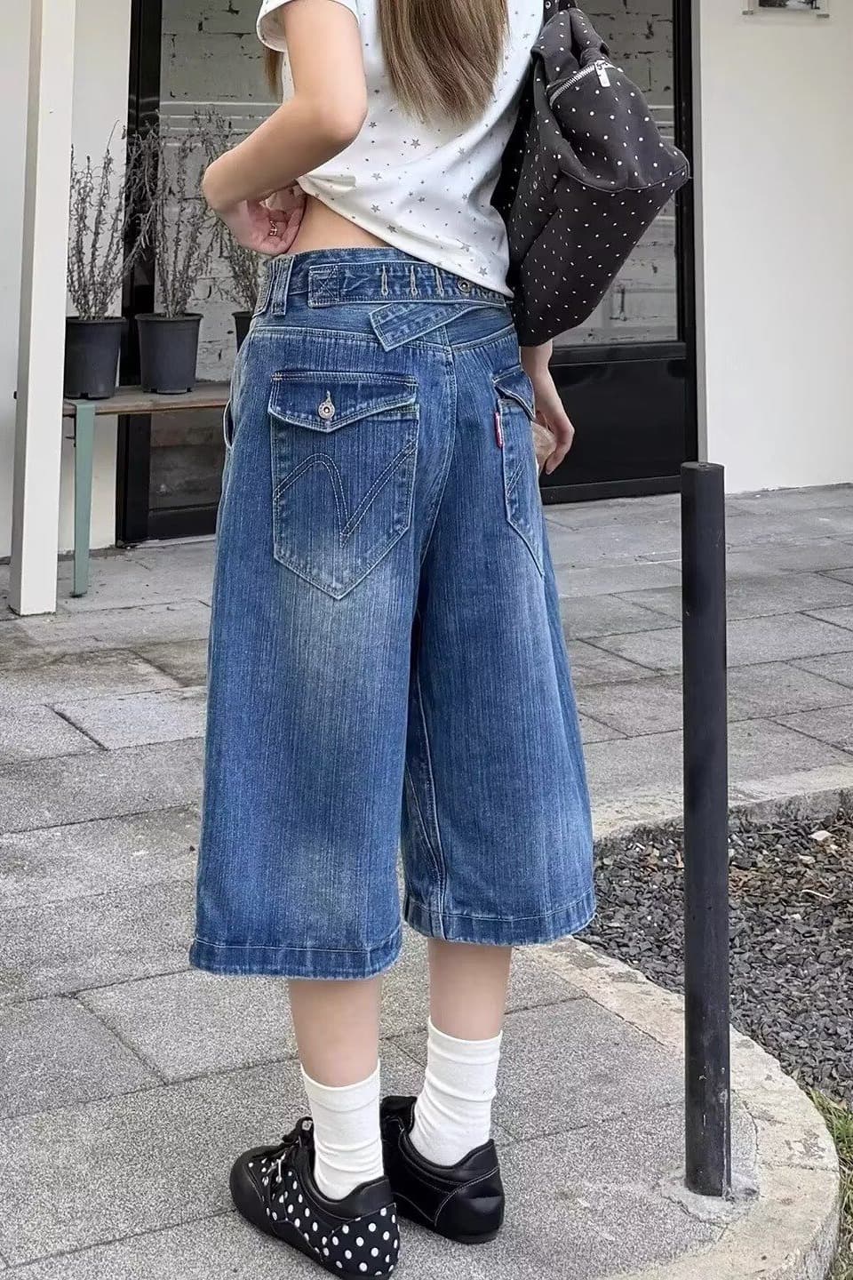 대나무 마디 곡물 데님 바지 아메리칸 레트로 넓은 다리 일상 캐주얼 7부 바지 남녀 여름 루즈핏 와이드 레그 팬츠 이미지 6