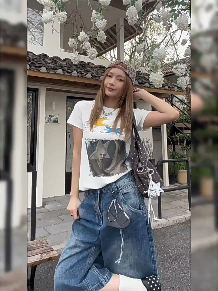 대나무 마디 곡물 데님 바지 아메리칸 레트로 넓은 다리 일상 캐주얼 7부 바지 남녀 여름 루즈핏 와이드 레그 팬츠 상세 이미지 2
