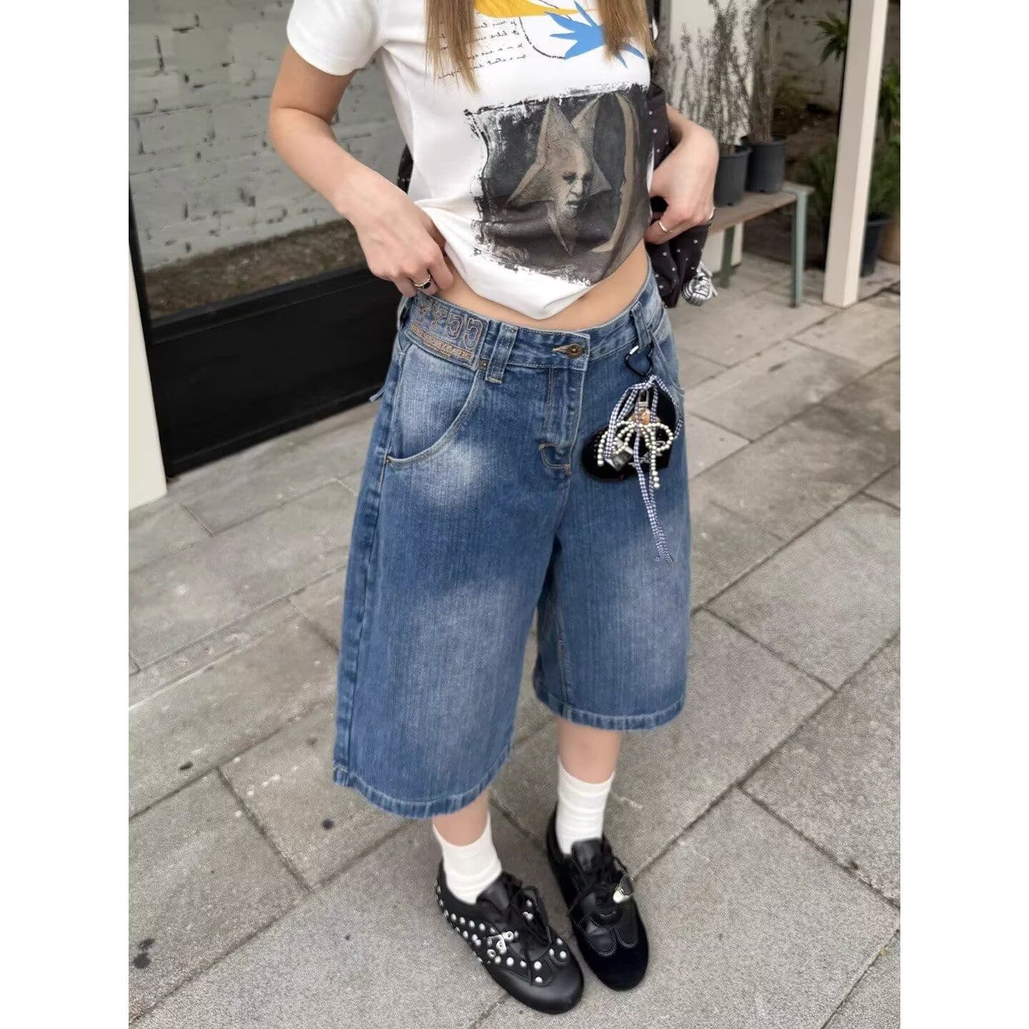 대나무 마디 곡물 데님 바지 아메리칸 레트로 넓은 다리 일상 캐주얼 7부 바지 남녀 여름 루즈핏 와이드 레그 팬츠 상세 이미지 5