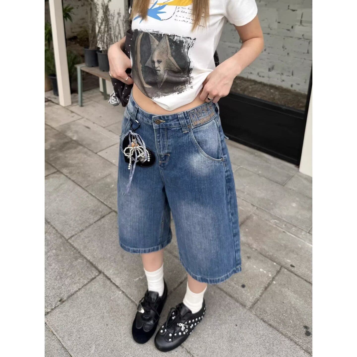 대나무 마디 곡물 데님 바지 아메리칸 레트로 넓은 다리 일상 캐주얼 7부 바지 남녀 여름 루즈핏 와이드 레그 팬츠 상세 이미지 7