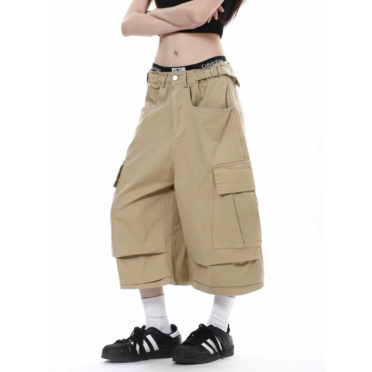 아메리칸 레트로 거리 카키 색 워크웨어 반바지 여성 새로운 조수 브랜드 루즈핏 캐주얼 넓은 다리 디자인 센스 7부 바지 이미지 5