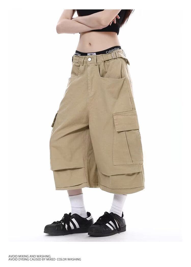 아메리칸 레트로 거리 카키 색 워크웨어 반바지 여성 새로운 조수 브랜드 루즈핏 캐주얼 넓은 다리 디자인 센스 7부 바지 상세 이미지 3