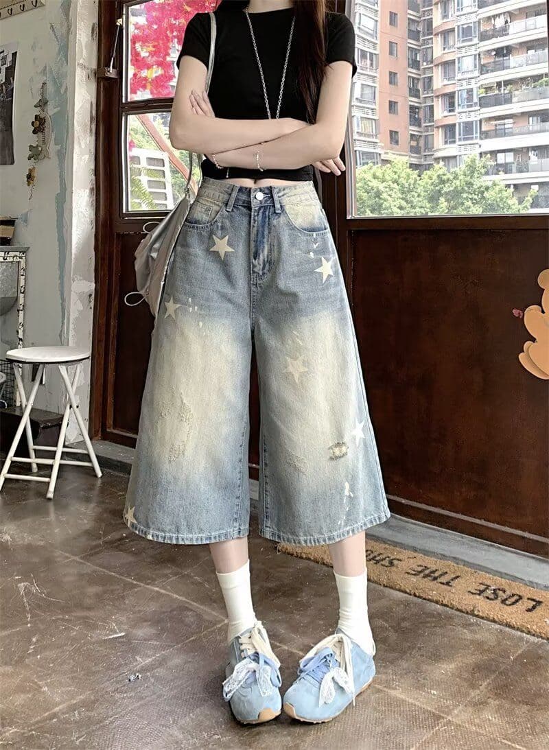 여름 아메리칸 레트로 별 프린트 데님 반바지 여성 마 오래된 워싱 루즈핏 넓은 다리 캐주얼 7부 바지 상세 이미지 7