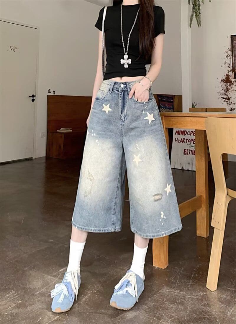 여름 아메리칸 레트로 별 프린트 데님 반바지 여성 마 오래된 워싱 루즈핏 넓은 다리 캐주얼 7부 바지 상세 이미지 12