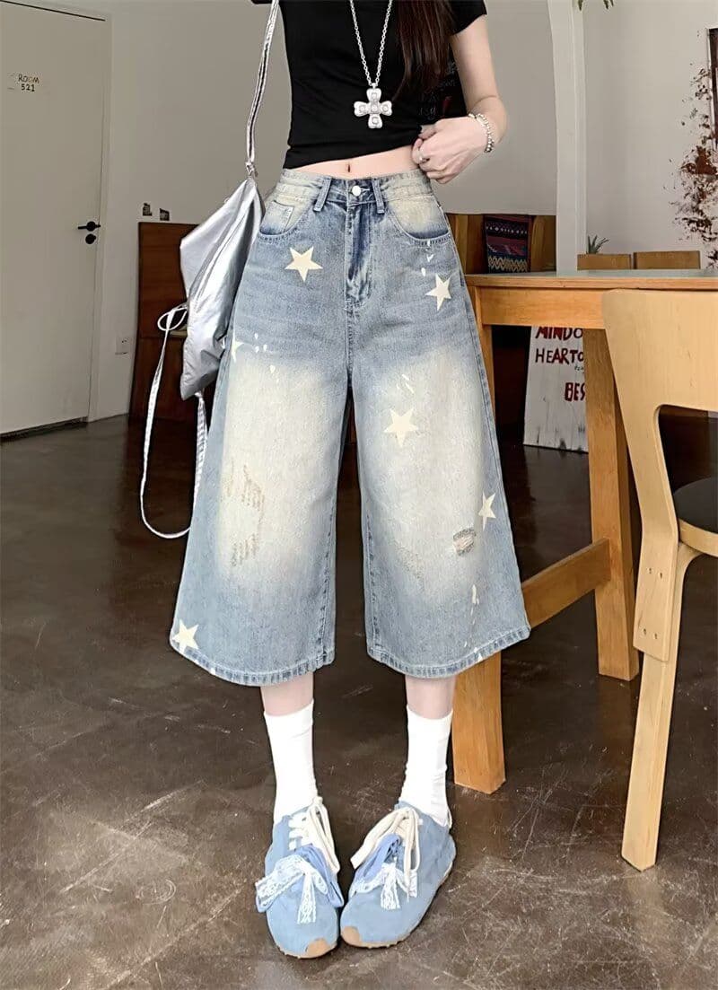 여름 아메리칸 레트로 별 프린트 데님 반바지 여성 마 오래된 워싱 루즈핏 넓은 다리 캐주얼 7부 바지 상세 이미지 14