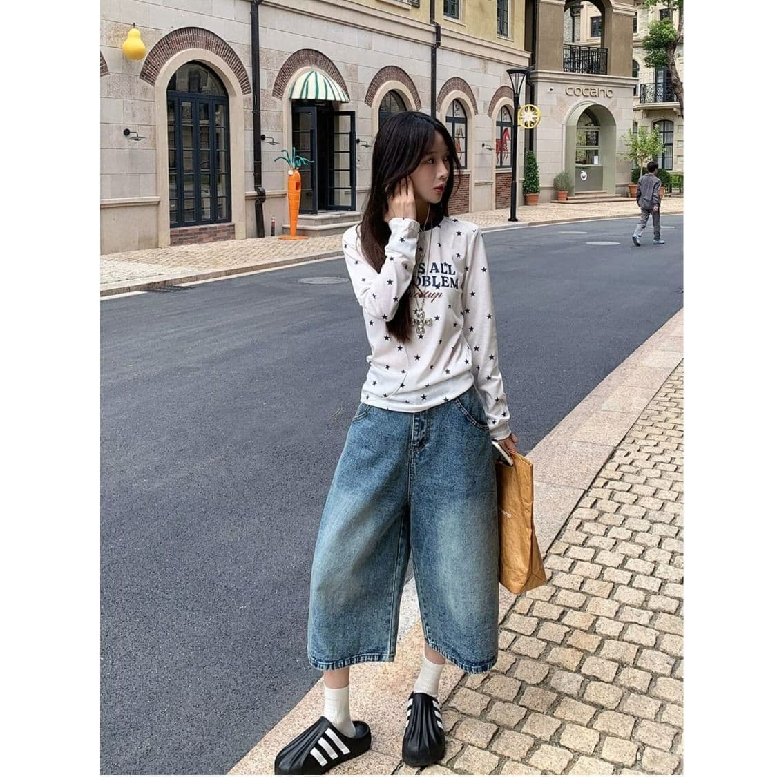 아메리칸 레트로 하이웨이스트 넓은 다리 데님 7부 바지 여성 여름 새로운 루즈핏 슬림해 보이는 워싱 스트레이트 바지 이미지 3