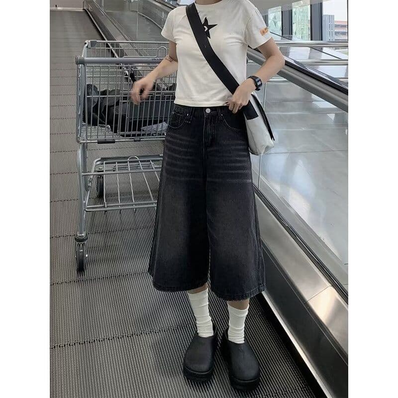 데님 반바지 여성 여름 새로운 아메리칸 높음 거리 레트로 워싱 마 오래된 루즈핏 핫걸 7부 바지 이미지 4