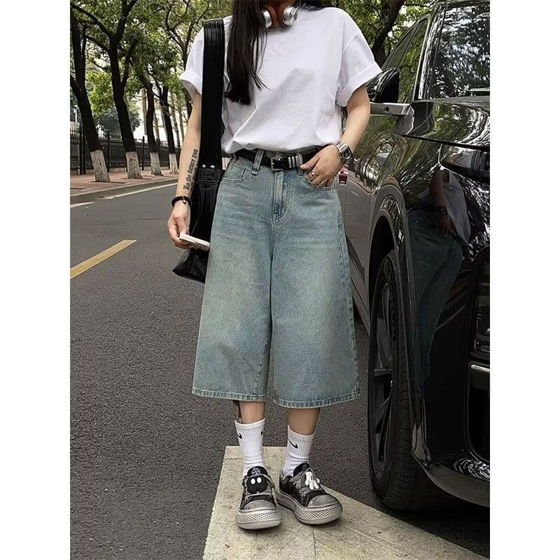 데님 반바지 여성 여름 새로운 아메리칸 높음 거리 레트로 워싱 마 오래된 루즈핏 핫걸 7부 바지 이미지 5
