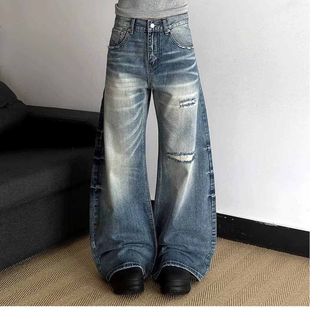 여름 새로운 아메리칸 파란색 마 오래된 스크래치 썩은 찢어진 부분 청바지 남녀 루즈핏 와이드 레그 팬츠 스트레이트 악당 잘 생긴 바지 이미지 2