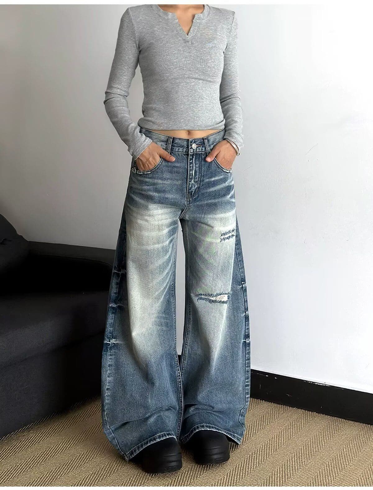 여름 새로운 아메리칸 파란색 마 오래된 스크래치 썩은 찢어진 부분 청바지 남녀 루즈핏 와이드 레그 팬츠 스트레이트 악당 잘 생긴 바지 상세 이미지 3