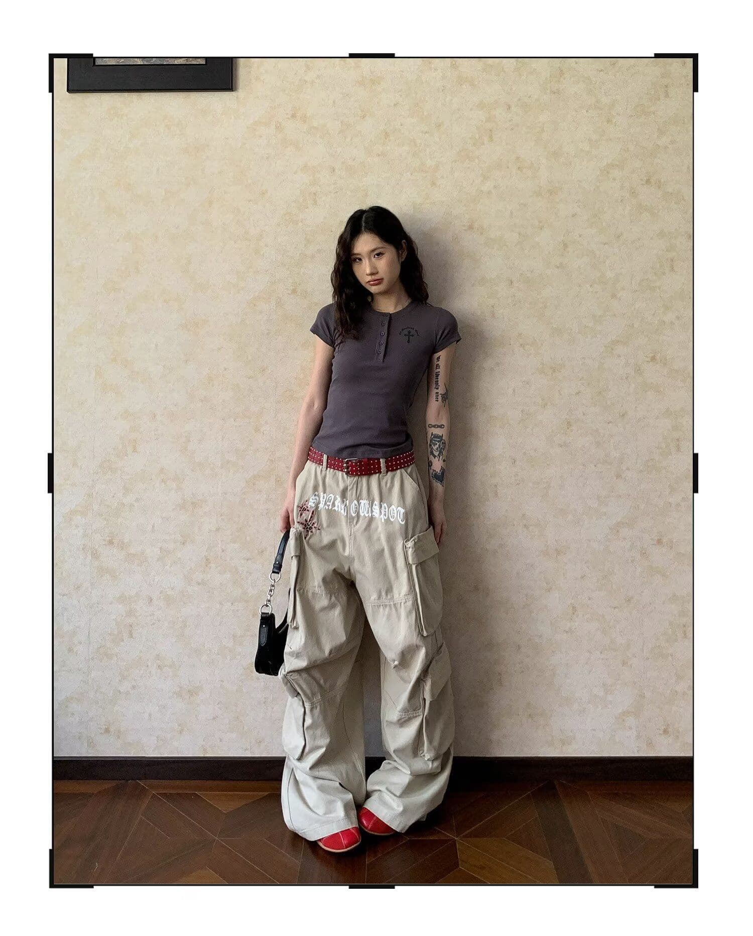 아메리칸 레트로 별 자수 디자인 센스 기타 주머니 넓은 다리 워크웨어 팬츠 여성 루즈핏 캐주얼 다용도 바닥 청소 긴 바지 상세 이미지 6