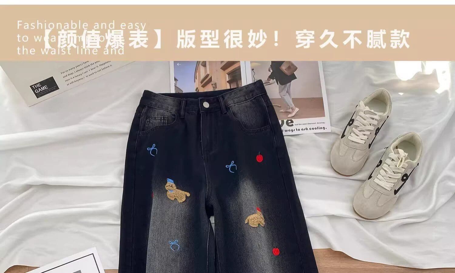 아메리칸 레트로 강아지 자수 넓은 다리 청바지 남녀 봄 새로운 루즈핏 스트레이트 바닥 청소 바지 상세 이미지 10