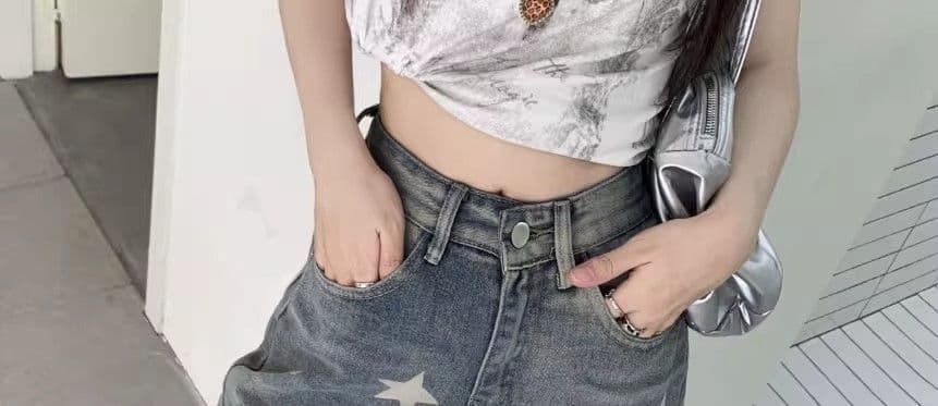 아메리칸 레트로 별 프린트 데님 바지 여성 여름 거리 핫걸 루즈핏 넓은 다리가 짧다. 바지 5 점 바지 상세 이미지 13