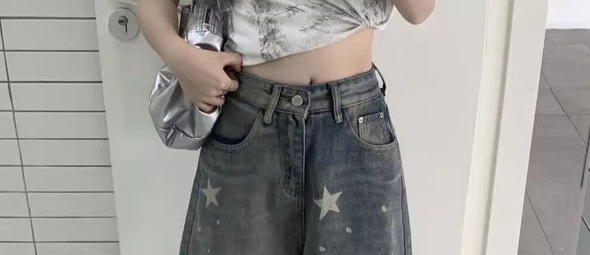 아메리칸 레트로 별 프린트 데님 바지 여성 여름 거리 핫걸 루즈핏 넓은 다리가 짧다. 바지 5 점 바지 상세 이미지 16