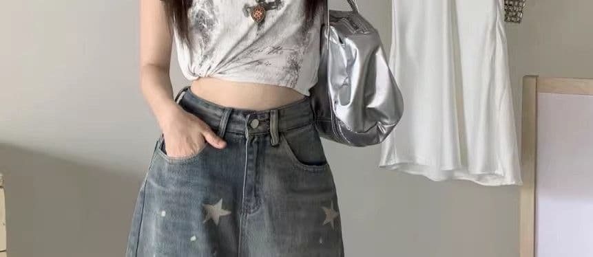 아메리칸 레트로 별 프린트 데님 바지 여성 여름 거리 핫걸 루즈핏 넓은 다리가 짧다. 바지 5 점 바지 상세 이미지 28