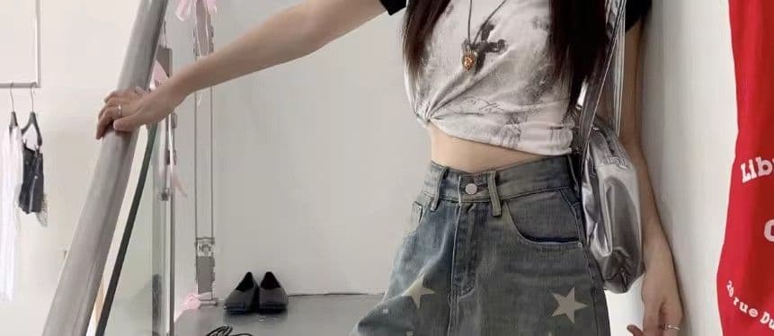 아메리칸 레트로 별 프린트 데님 바지 여성 여름 거리 핫걸 루즈핏 넓은 다리가 짧다. 바지 5 점 바지 상세 이미지 31