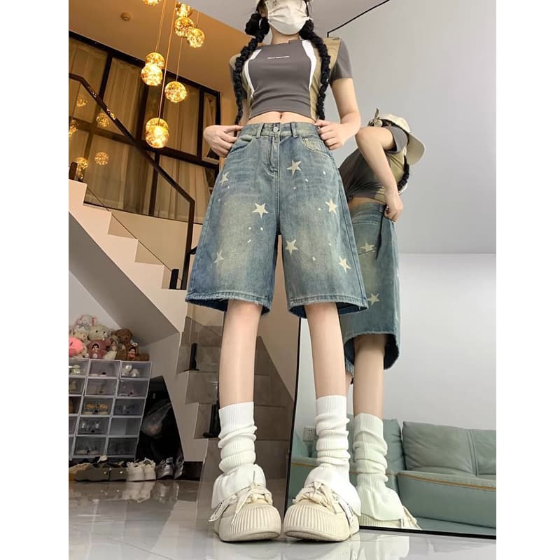 아메리칸 레트로 별 프린트 데님 바지 여성 여름 거리 핫걸 루즈핏 넓은 다리가 짧다. 바지 5 점 바지 이미지 3