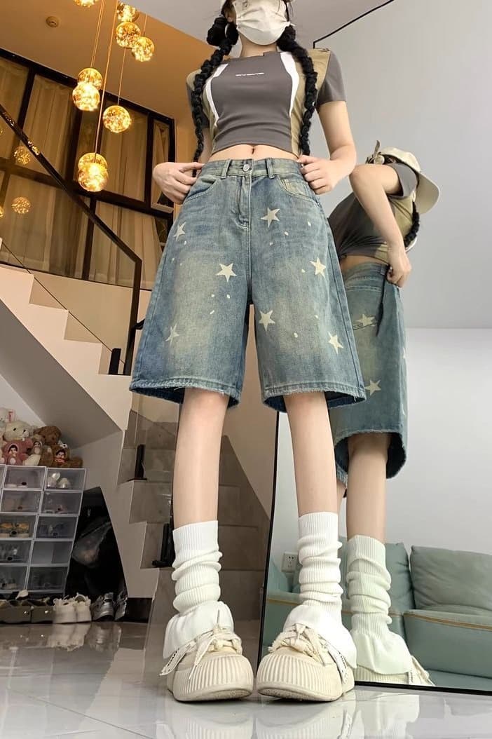 아메리칸 레트로 별 프린트 데님 바지 여성 여름 거리 핫걸 루즈핏 넓은 다리가 짧다. 바지 5 점 바지 이미지 6