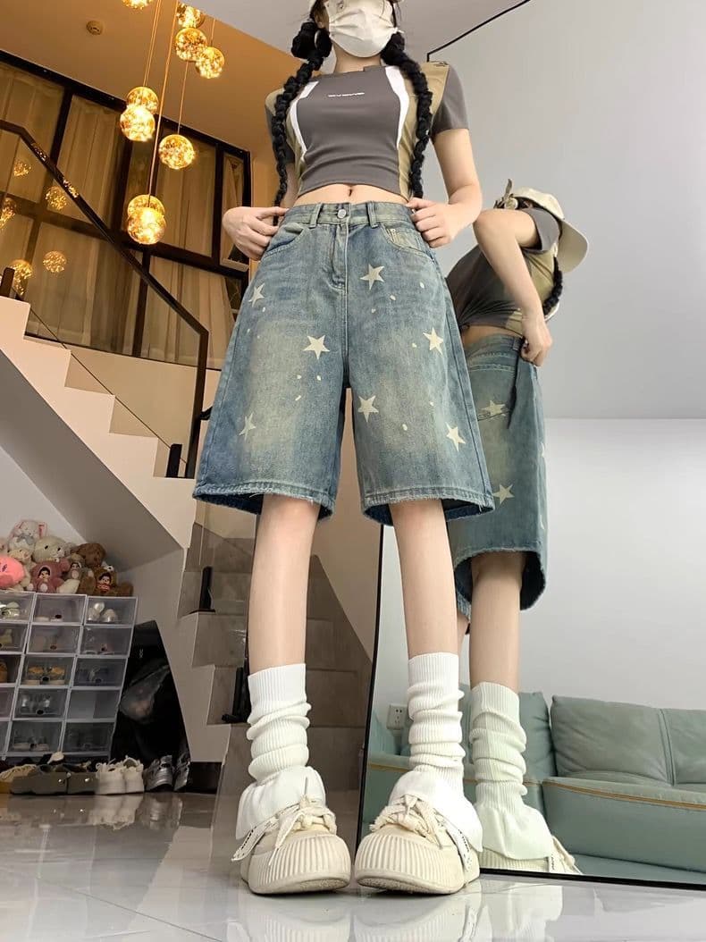 아메리칸 레트로 별 프린트 데님 바지 여성 여름 거리 핫걸 루즈핏 넓은 다리가 짧다. 바지 5 점 바지 상세 이미지 1
