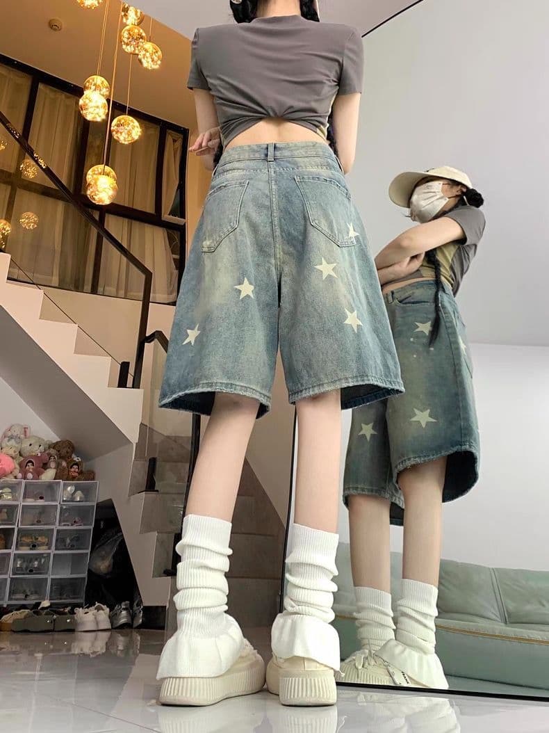 아메리칸 레트로 별 프린트 데님 바지 여성 여름 거리 핫걸 루즈핏 넓은 다리가 짧다. 바지 5 점 바지 상세 이미지 5