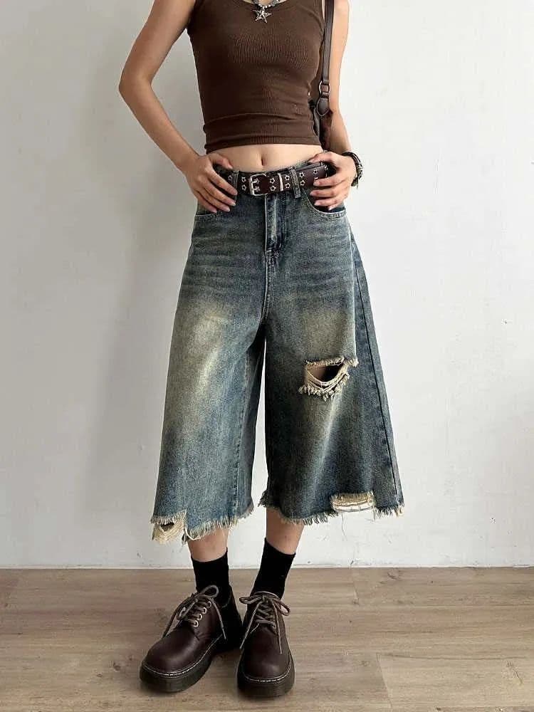 청바지 폭발 아메리칸 높음 거리 다용도 찢어진 부분 스트레이트 팬츠 여성 2026 여름 하이웨이스트 거친 가장자리 루즈핏 와이드 레그 팬츠 상세 이미지 2