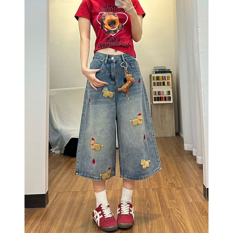 ins 트렌디 재미있는 강아지 자수 7 점 스트레이트 청바지 여성 봄 여름 새로운 작은 대중 스트레이트 데님 7부 바지 이미지 5