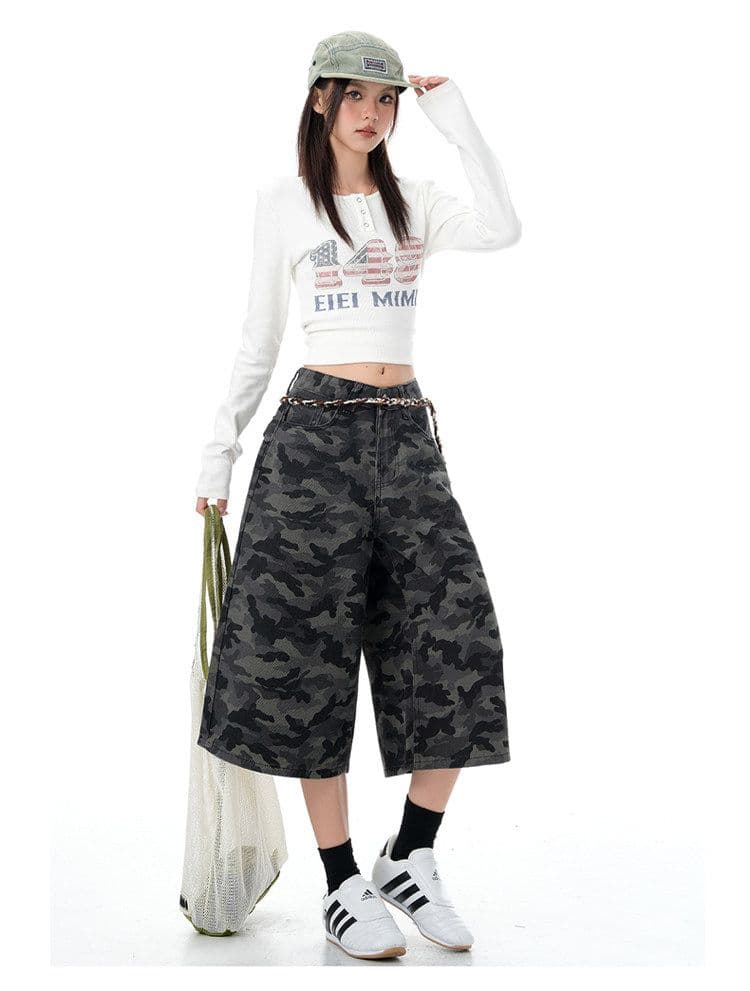 하라주쿠 스타일 트렌드 거리 카모플라주 넓은 다리 데님 7부 바지 여성 봄 여름 섹션 출퇴근 워크웨어 스트레이트 7부 바지 상세 이미지 3