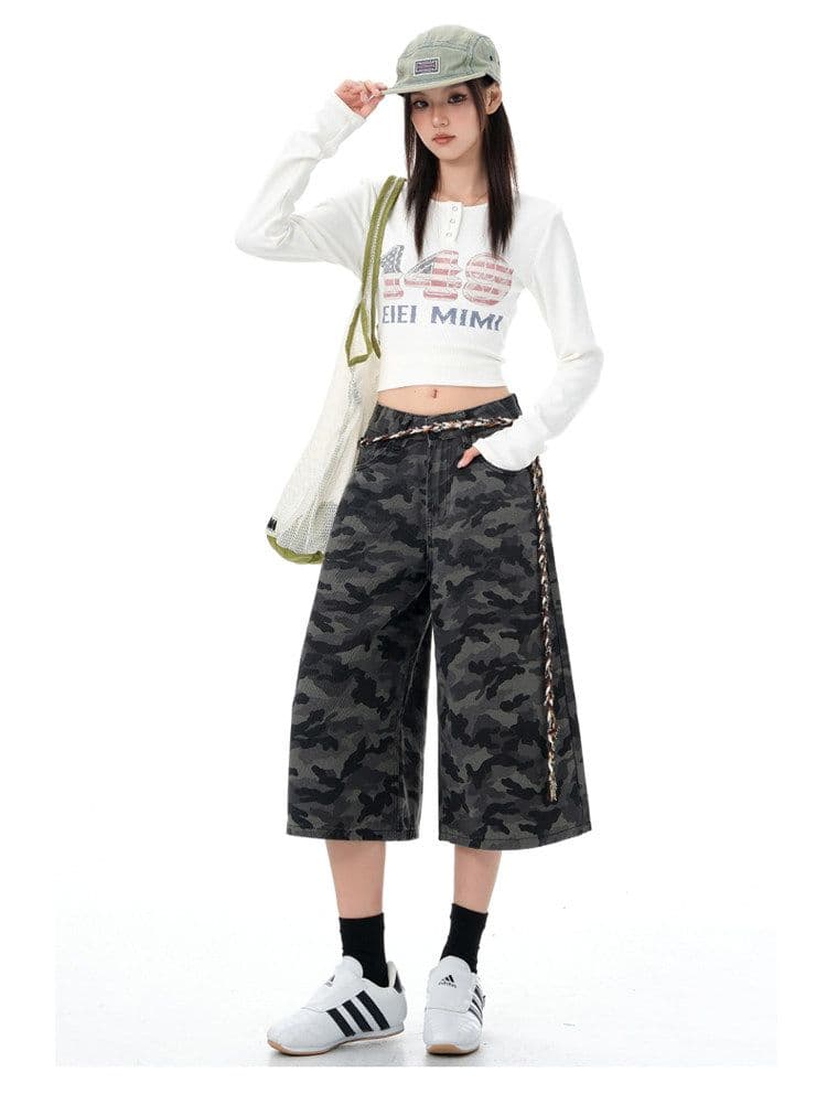 하라주쿠 스타일 트렌드 거리 카모플라주 넓은 다리 데님 7부 바지 여성 봄 여름 섹션 출퇴근 워크웨어 스트레이트 7부 바지 상세 이미지 7