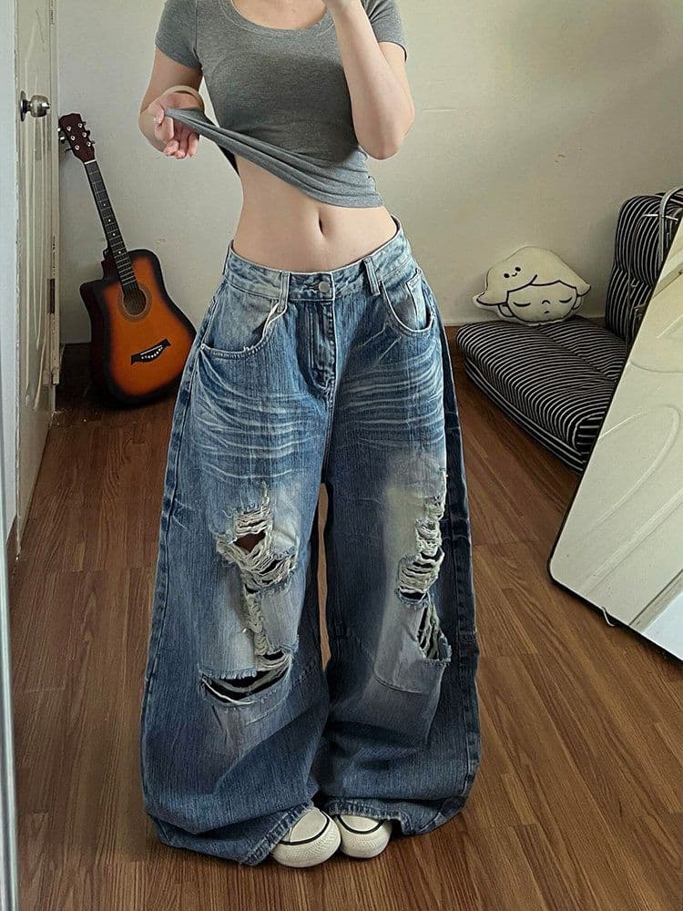 거리 워싱 찢어진 부분 모통이 칼 넓은 다리 청바지 아이들 봄 가을 새로운 루즈핏 넓은 다리 바닥 청소 청바지 상세 이미지 2