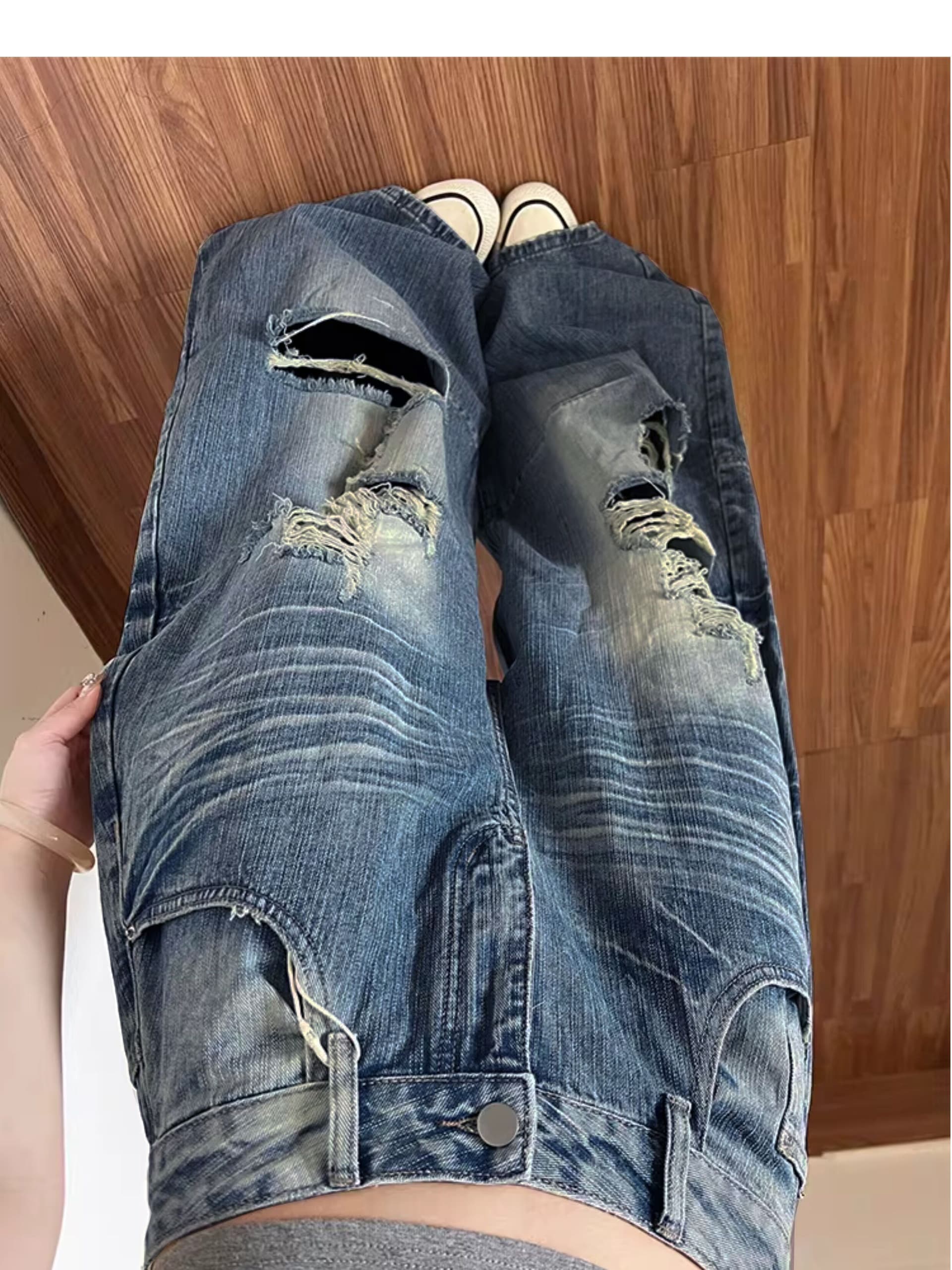 거리 워싱 찢어진 부분 모통이 칼 넓은 다리 청바지 아이들 봄 가을 새로운 루즈핏 넓은 다리 바닥 청소 청바지 상세 이미지 5