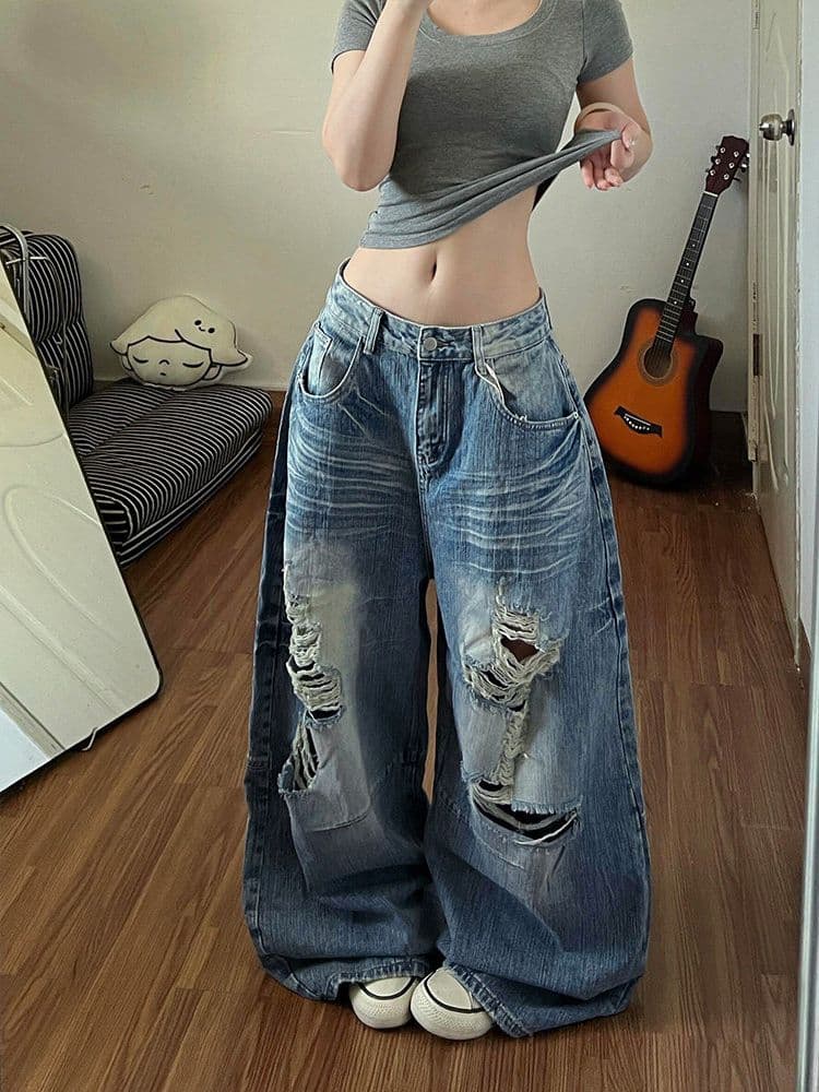 거리 워싱 찢어진 부분 모통이 칼 넓은 다리 청바지 아이들 봄 가을 새로운 루즈핏 넓은 다리 바닥 청소 청바지 상세 이미지 6