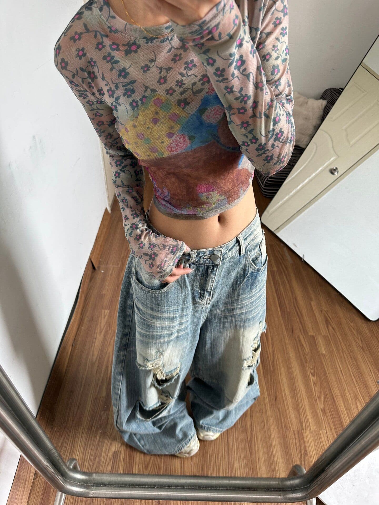 아메리칸 레트로 워싱 찢어진 부분 모통이 칼 청바지 바지 아이들 봄 가을 새로운 루즈핏 넓은 다리 바닥 청소 청바지 상세 이미지 9