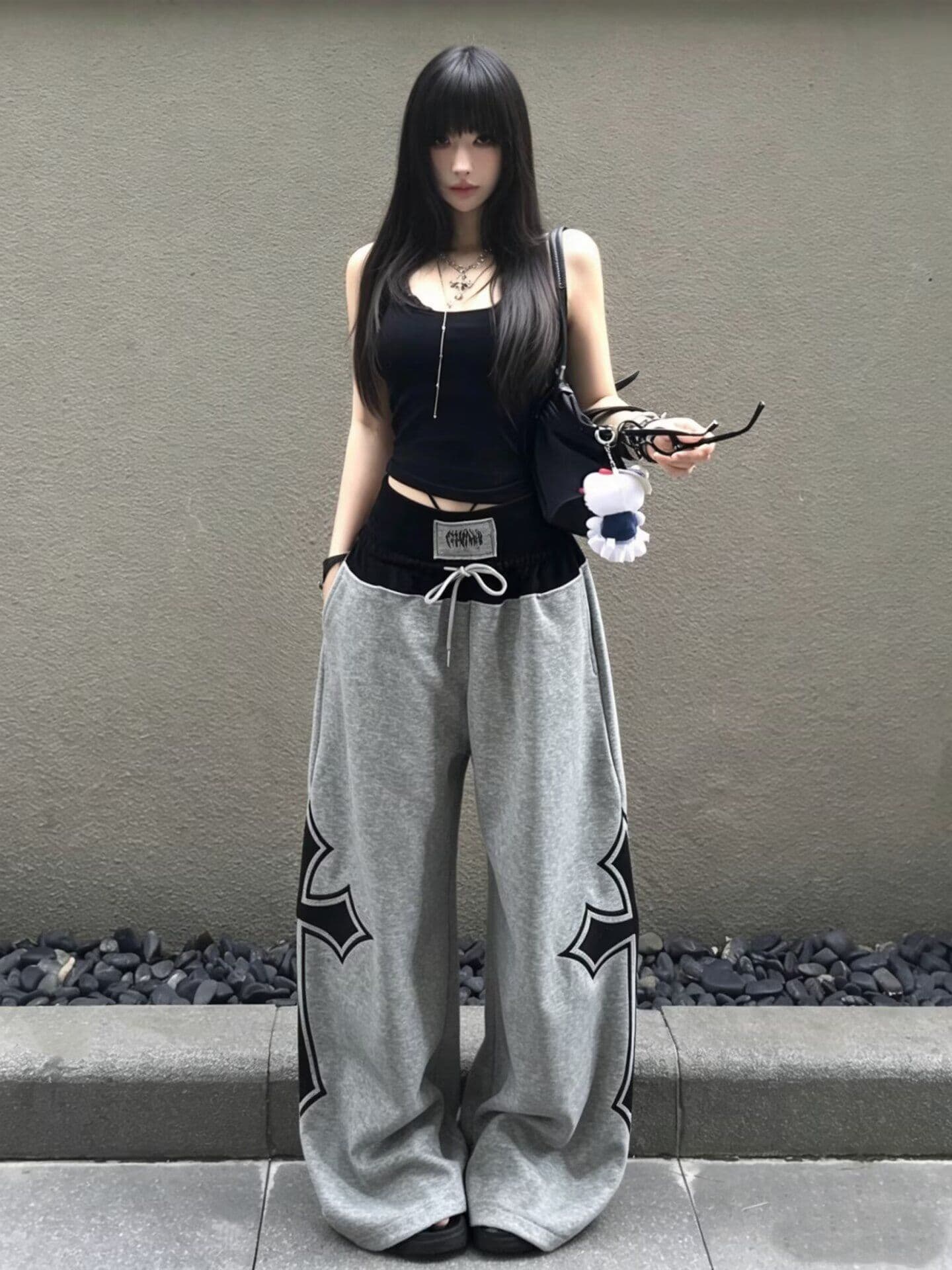 높은 품질 순수한 Mianhua 면 배색 패치워크 십자가 자수 패치워크 운동 웨이 바지 여성 거리 디자인 센스 와이드 레그 팬츠 이미지 2