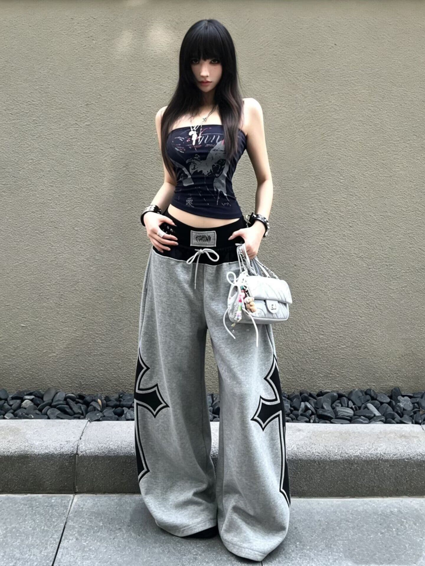 높은 품질 순수한 Mianhua 면 배색 패치워크 십자가 자수 패치워크 운동 웨이 바지 여성 거리 디자인 센스 와이드 레그 팬츠 상세 이미지 2